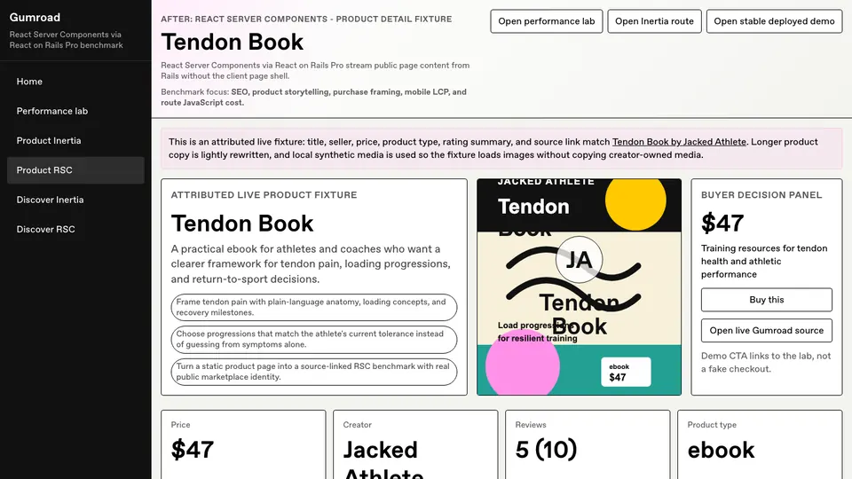 Gumroad-style React Server Components demo showing the Tendon Book product page