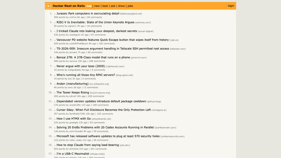 Hacker News on Rails demo showing a ranked list of news stories