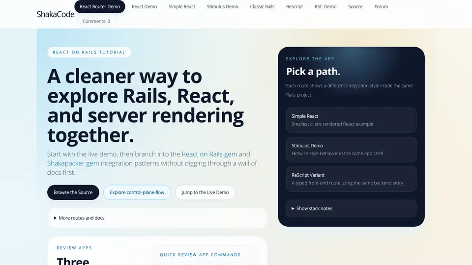 React on Rails tutorial demo showing routes for Rails, React, and server rendering