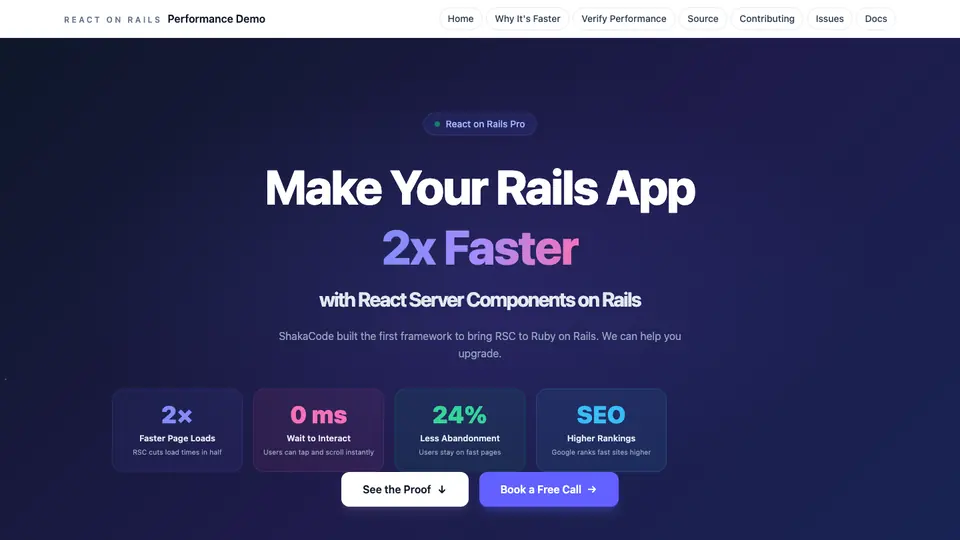 React on Rails Performance Demo landing page with the headline Make Your Rails App 2x Faster