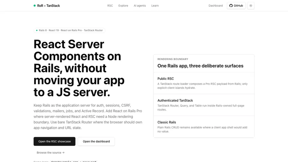 React on Rails and TanStack starter landing page describing three Rails rendering surfaces